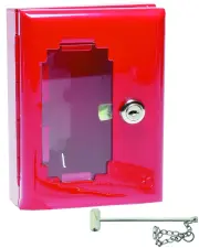 BOITE A CLES SOUS VERRE DORMANT EN TOLE LAQUEE ROUGE AVEC MARTEAU ET CHAINETTE