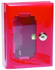 BOITE A CLE SOUS VERRE DORMANT EN TOLE LAQUEE ROUGE SANS MARTEAU ET CHAINETTE