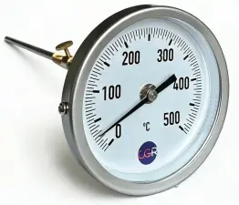 THERMOMETRE CHAUFFAGE BIMETALLIQUE A CADRAN ALUMINIUM PLONGEUR ACIER AXIAL POUR FUMEE CGR