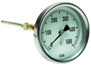 THERMOMETRE CHAUFFAGE BIMETALLIQUE A CADRAN ALUMINIUM PLONGEUR ACIER AXIAL POUR FUMEE CGR