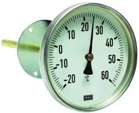 THERMOMETRE CHAUFFAGE BIMETALLIQUE A CADRAN ALUMINIUM PLONGEUR LAITON AXIAL POUR GAINE D'AIR CGR
