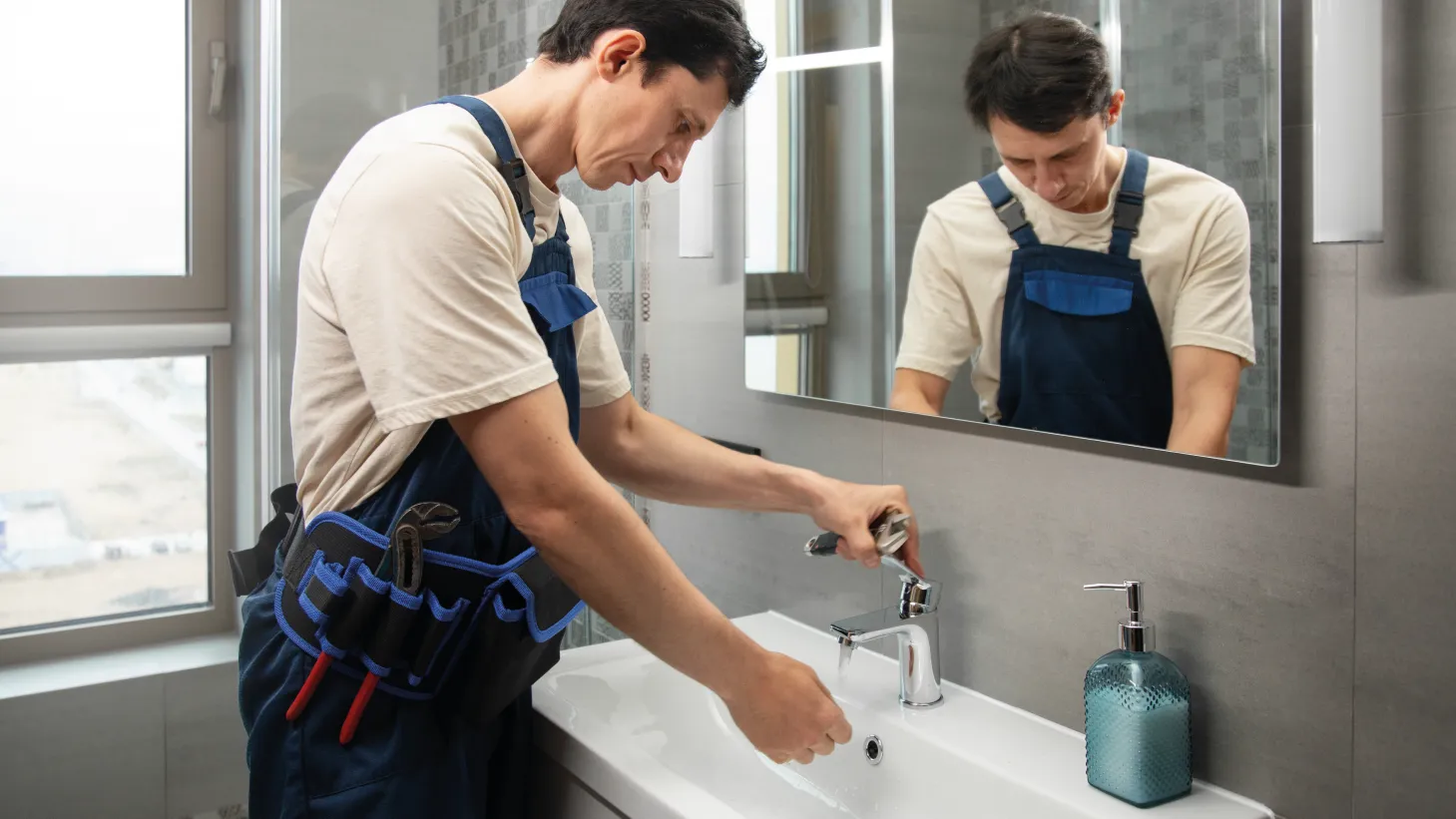 Image d'un plombier qui installe un robinet de lavabo
