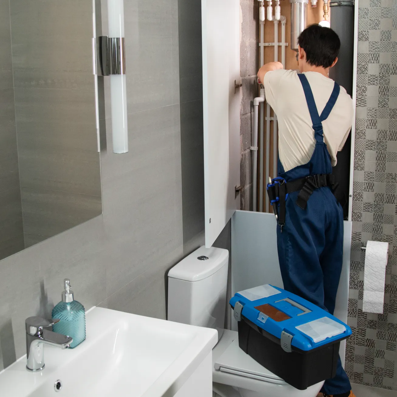 Image d'un technicien intervenant sur un réseau de bouclage d'eau chaude sanitaire dans une salle de bain