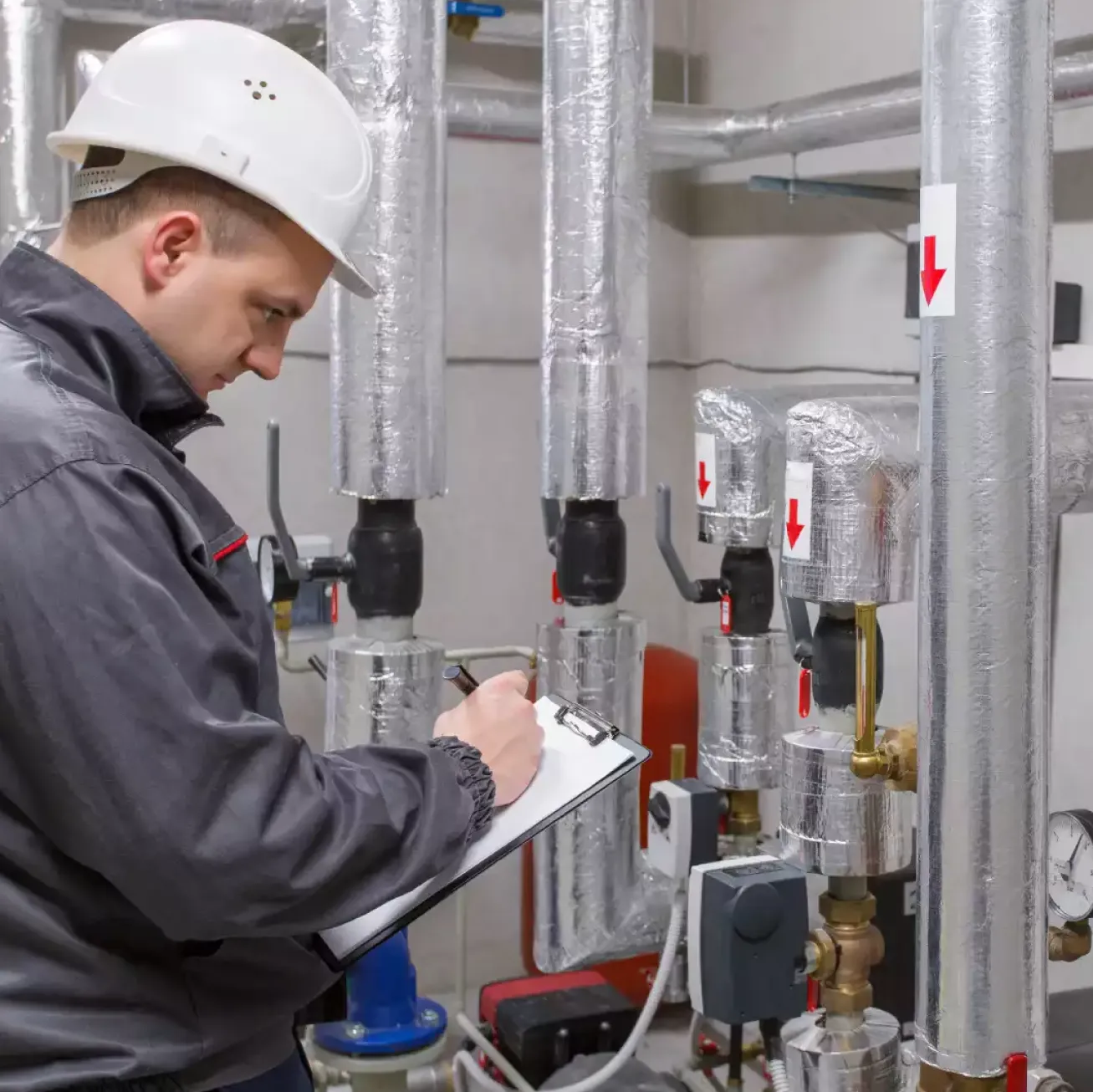 Image d'un technicien qui contrôle une installation de chauffage central