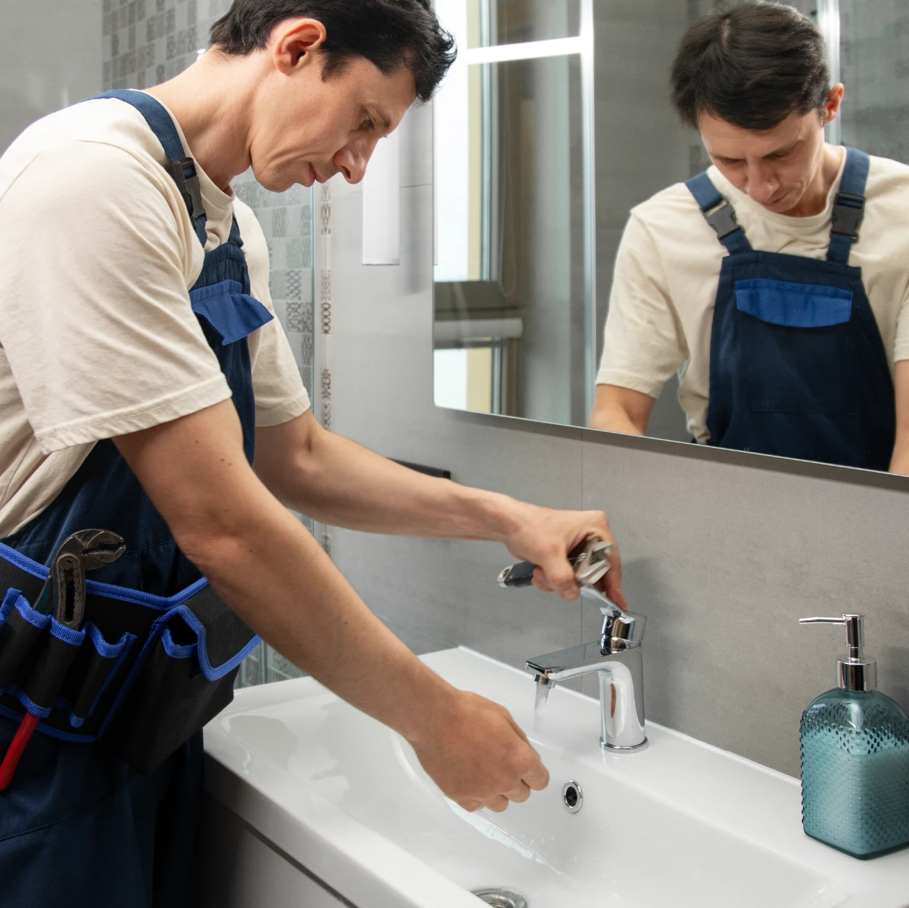 Image d'un technicien installant un robinet de lavabo dans une salle de bain