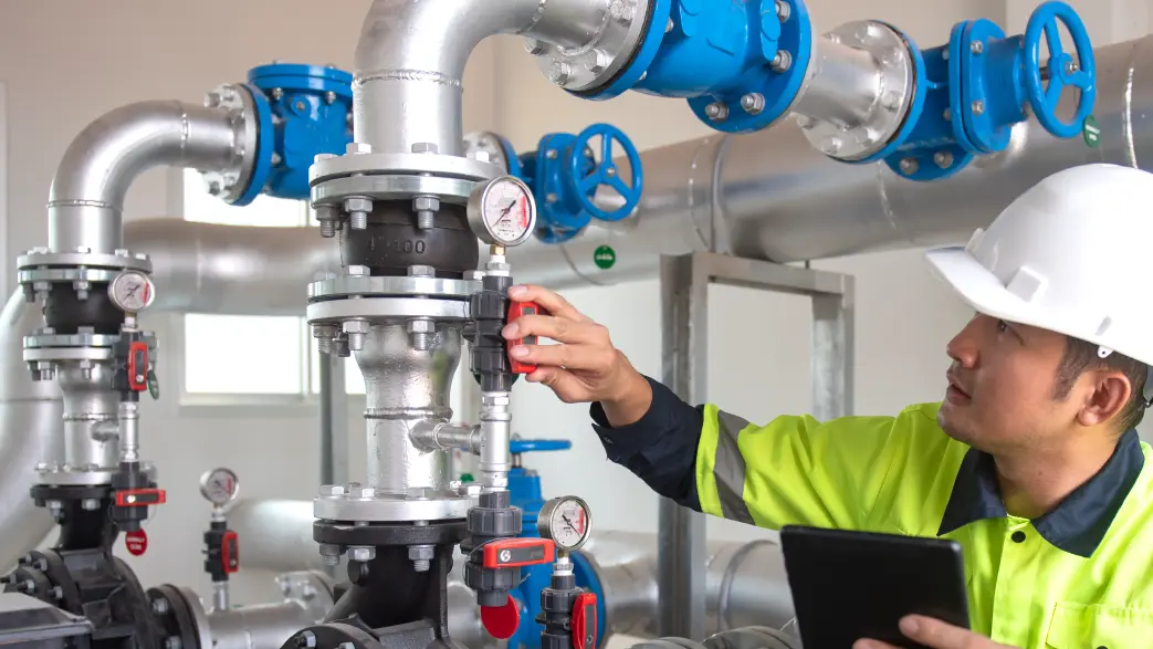 Image d'un professionnel qui manipule une manivelle pour ajuster la pression d'une installation