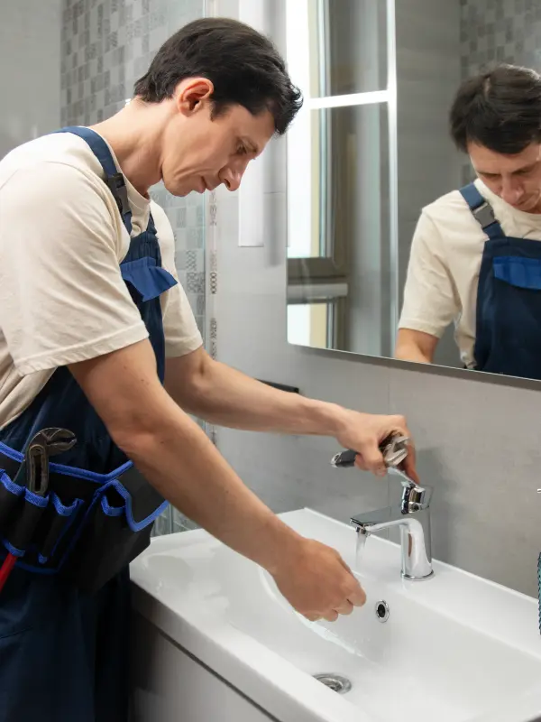 Un technicien pose un robinet de lavabo