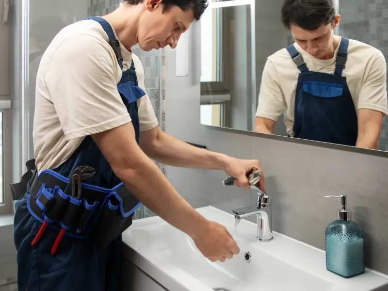 Un technicien pose un robinet de lavabo