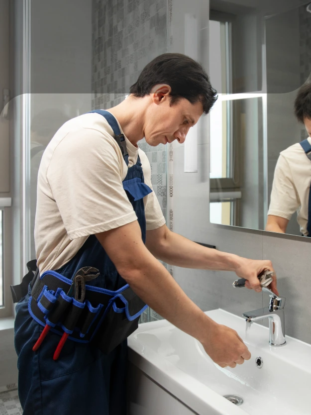 Image d'un technicien qui pose un robinet de lavabo